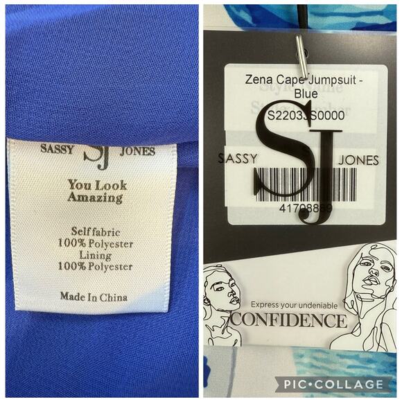 Sassy Jones New Zena Layered Cape Jumpsuit Small Blue Vase Print Puff Sleeve - Picture 15 of 16